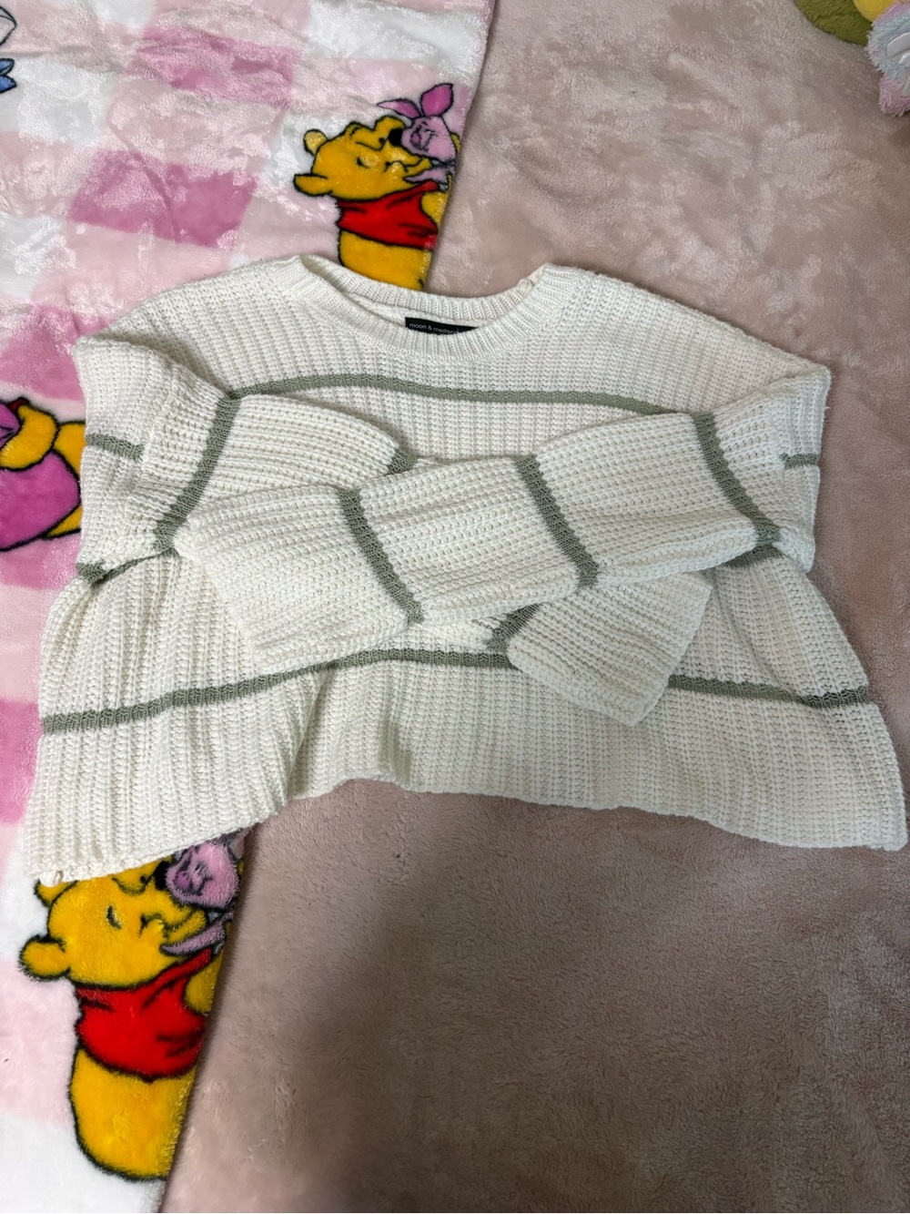 T.J.Maxx Cream Crewneck Sweater with Sage Stripes